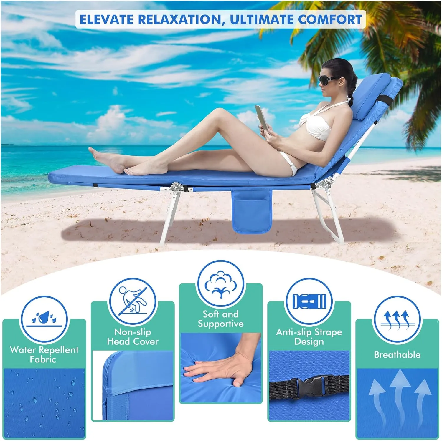 3 in 1 Women Comfort Backpack Tanning Beach Chair with Face Hole & Cushion | Portable Folding Lounge Sun Chair for Adult Outside Reading Sunbathing Poolside Camping | Reclining 6 Position | Royal Blue
