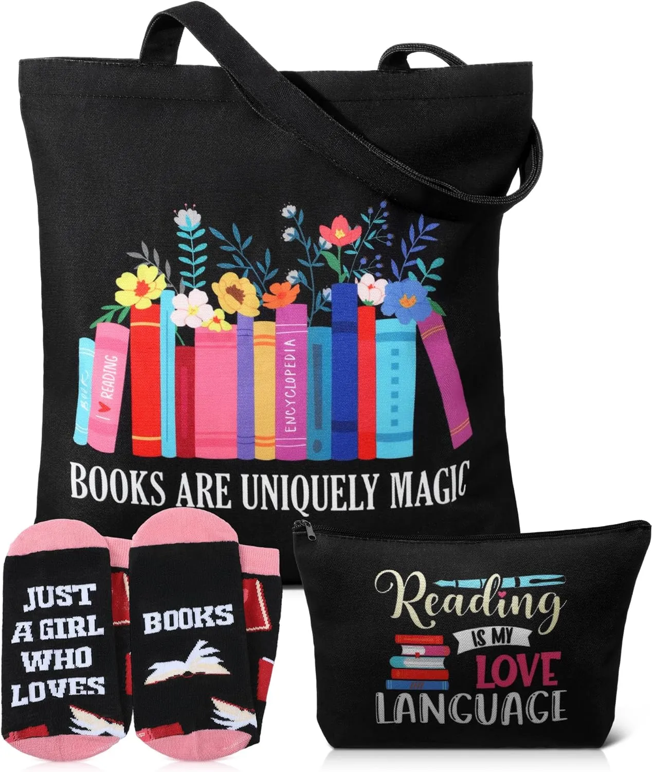 3 Pcs Book Lover Gifts for Women Bookish Gifts Canvas Book Tote Bag Novelty Socks Cosmetic Bag Graduation Back to School End of Year Presents for Reader Librarian Teacher Bookworm Author