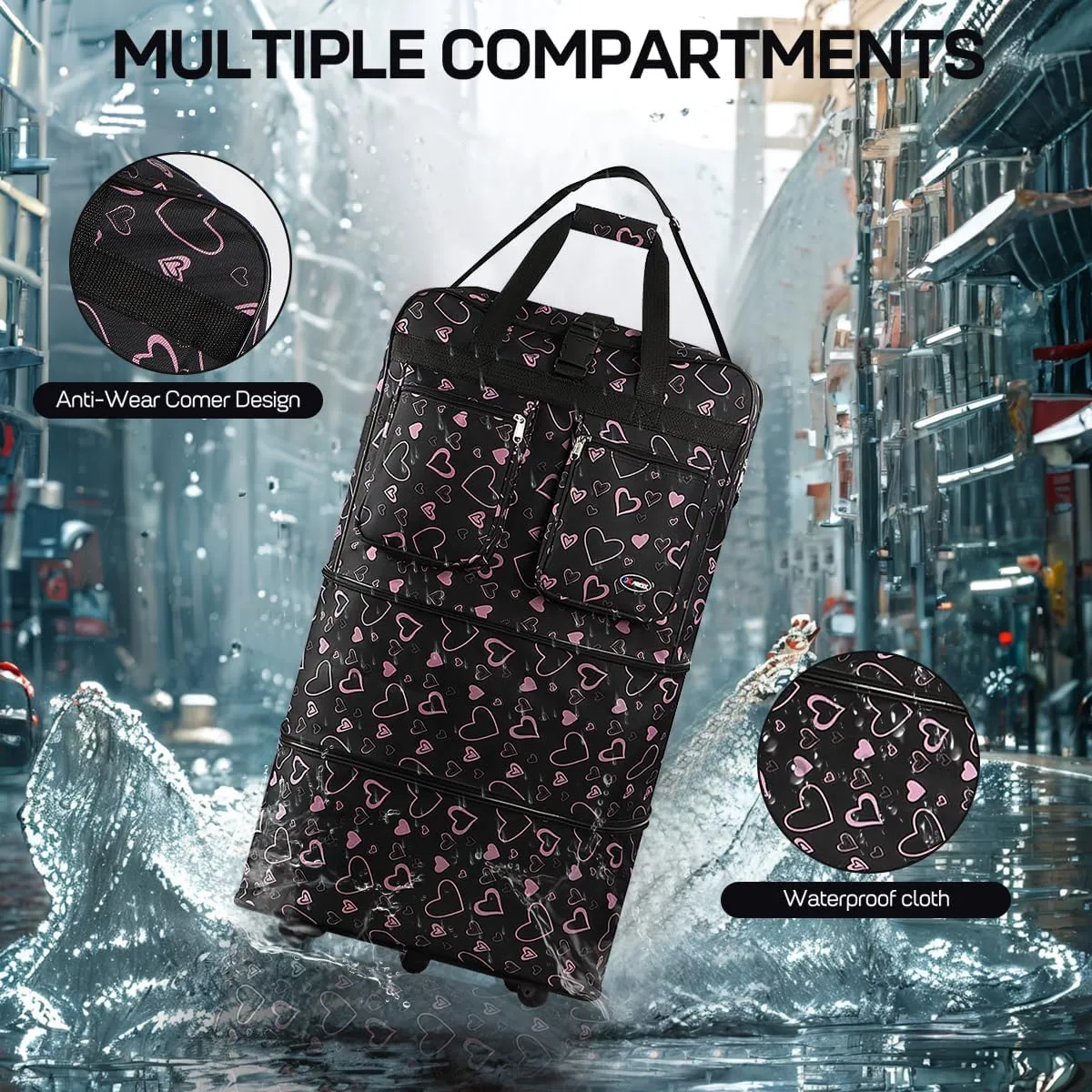 30''36''40''Rolling Wheeled Duffel Bag Suitcases with Wheels Expandable Foldable Luggage Bag Rolling Travel Bag Duffel Bag for Men Women Waterproof Suitcase-Weekend Bags#Pink-Heart,36