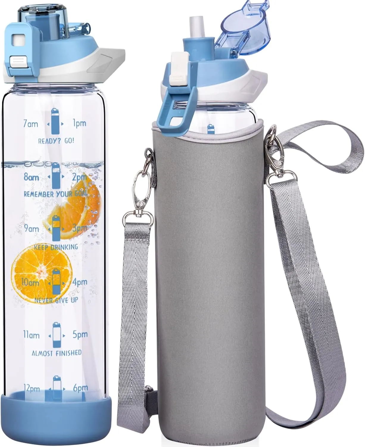32 oz Sports Glass Water Bottle with Straw and Time Marker, Large Resuable Motivational Glass Drinking Bottle for Infused Water, Fruit, Smoothie, Coffee