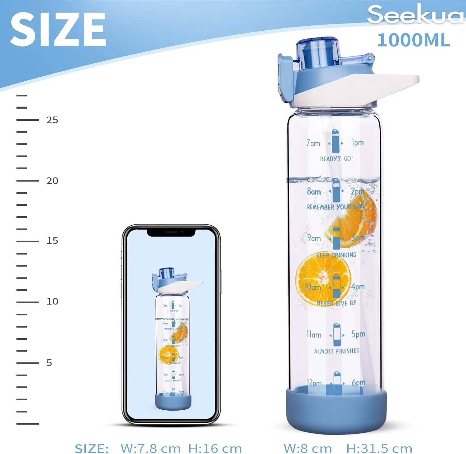 32 oz Sports Glass Water Bottle with Straw and Time Marker, Large Resuable Motivational Glass Drinking Bottle for Infused Water, Fruit, Smoothie, Coffee