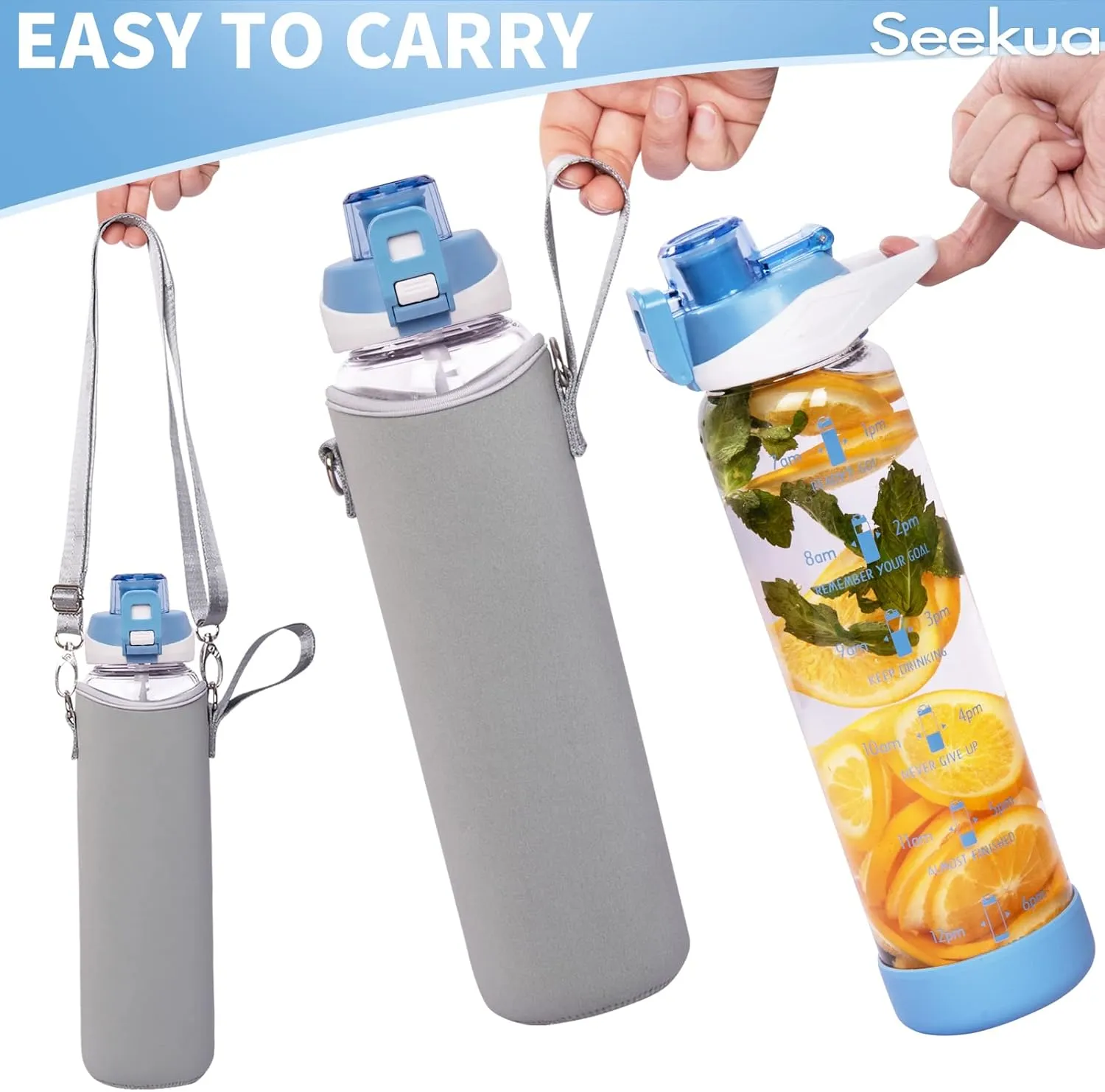 32 oz Sports Glass Water Bottle with Straw and Time Marker, Large Resuable Motivational Glass Drinking Bottle for Infused Water, Fruit, Smoothie, Coffee