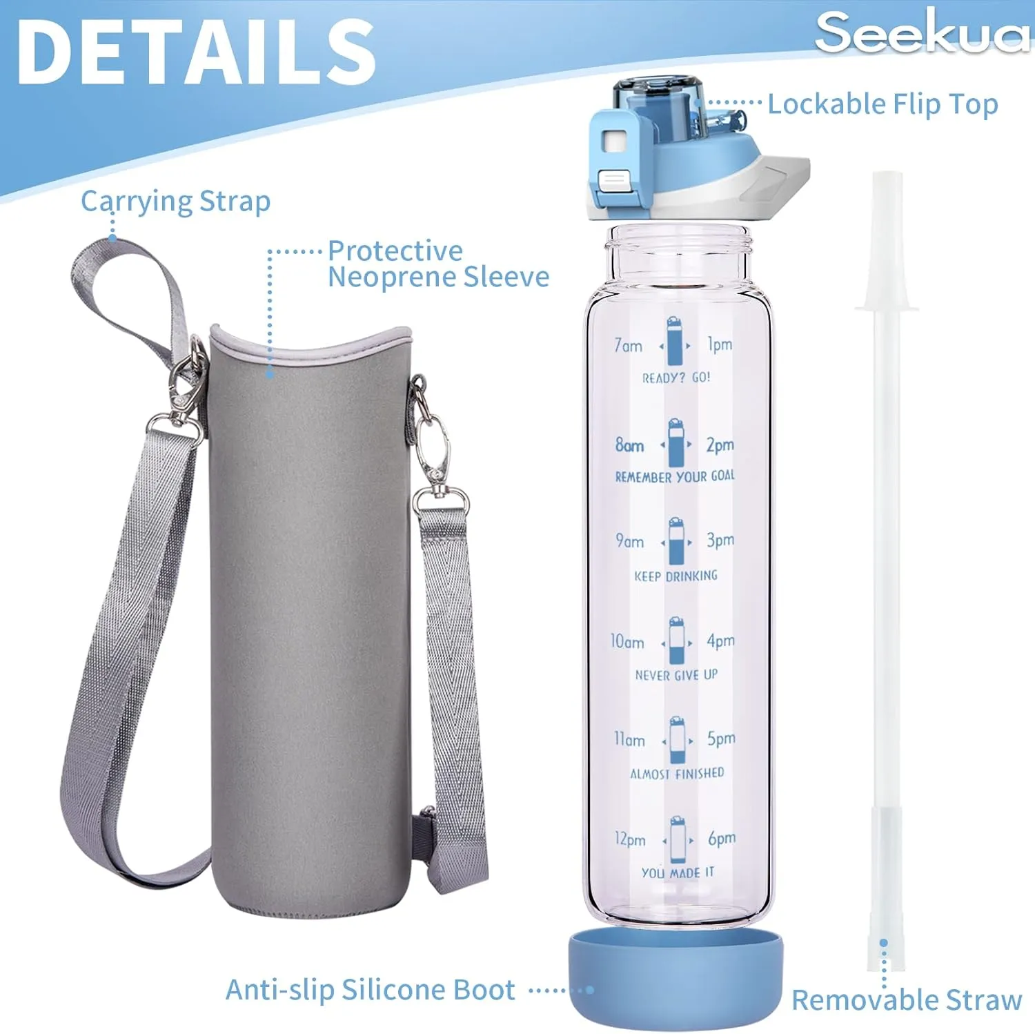 32 oz Sports Glass Water Bottle with Straw and Time Marker, Large Resuable Motivational Glass Drinking Bottle for Infused Water, Fruit, Smoothie, Coffee