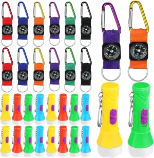 36 Pieces Camping Party Favors 18 Pieces Colorful Compass Keychains Belt Clips and 18 Mini Flashlight Keychains for Adults Kids Toys Prizes