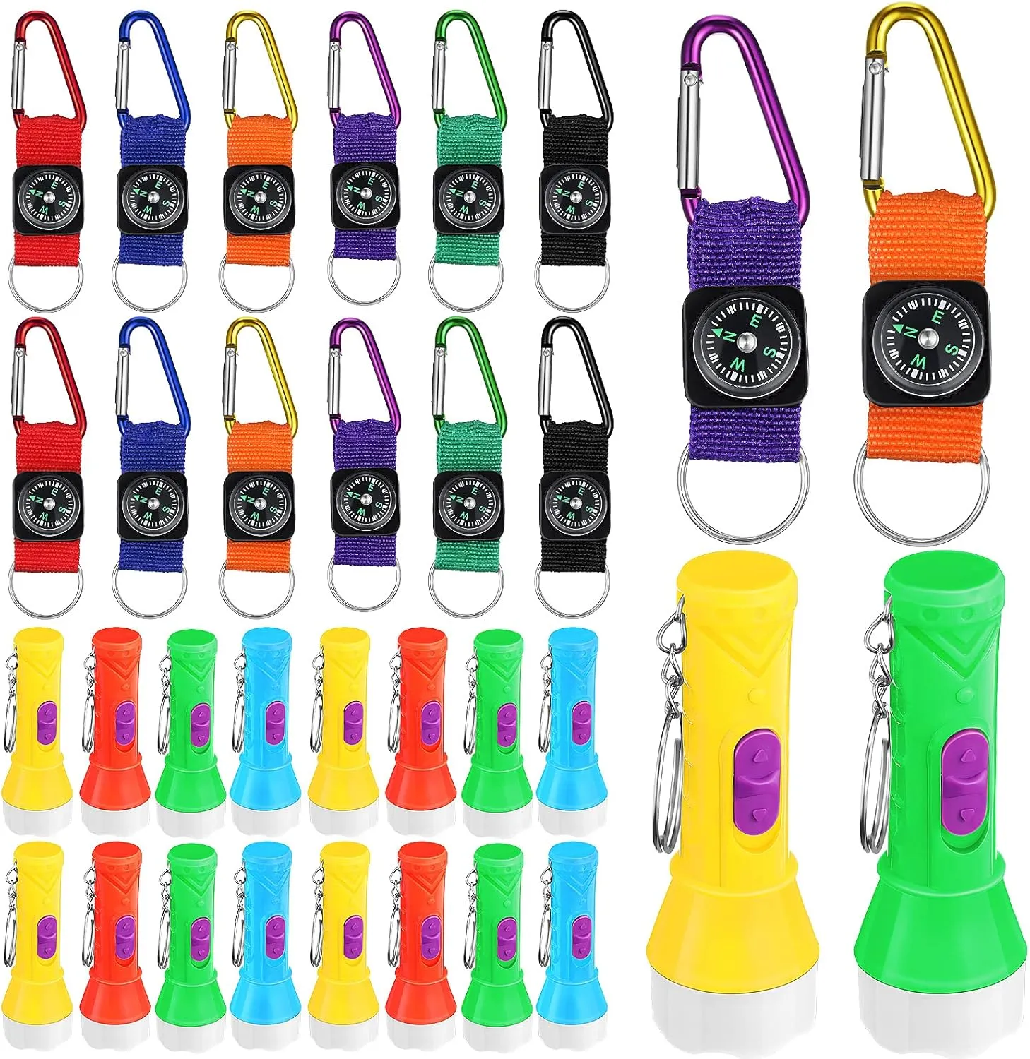 36 Pieces Camping Party Favors 18 Pieces Colorful Compass Keychains Belt Clips and 18 Mini Flashlight Keychains for Adults Kids Toys Prizes