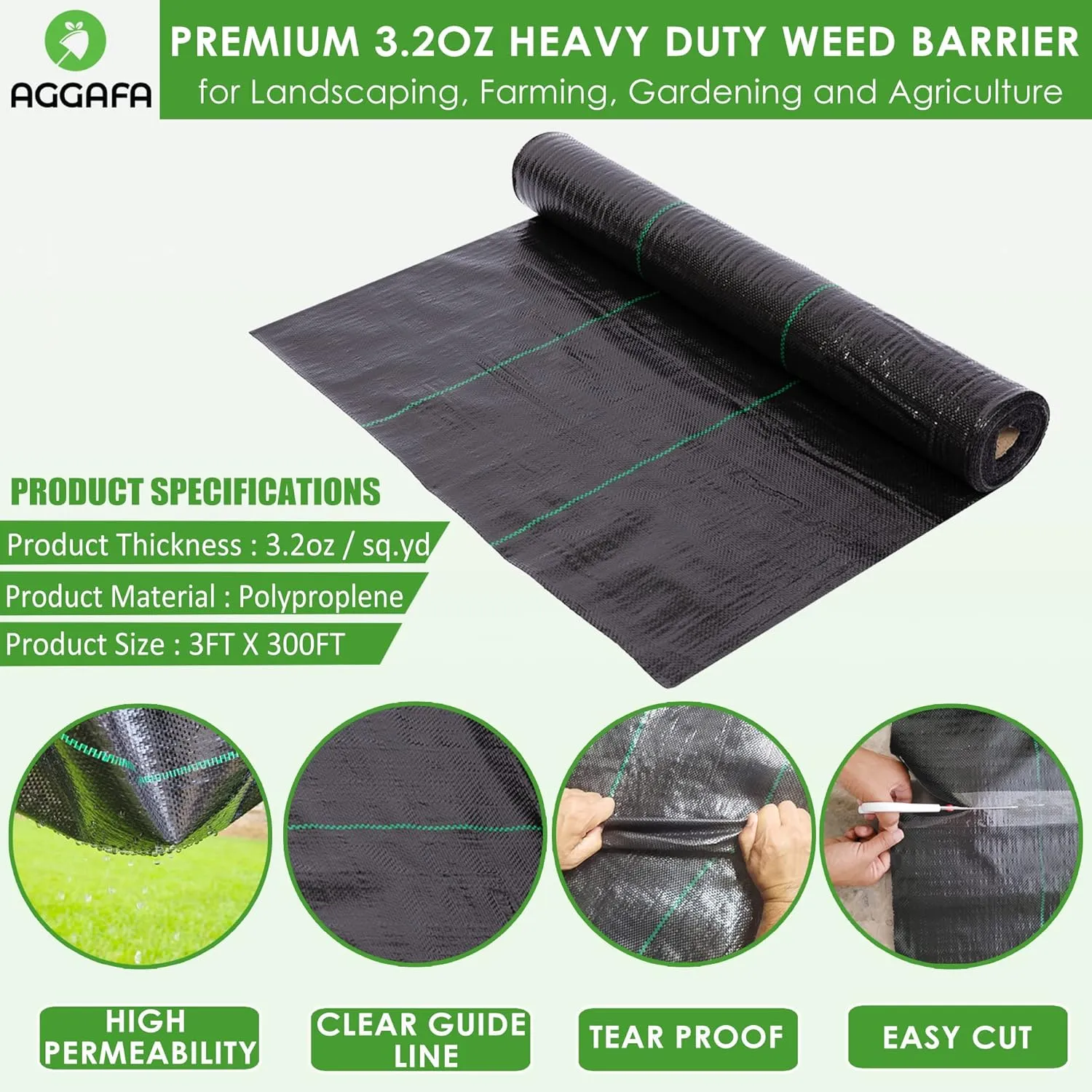(3ft x 300ft 100% Virgin Material. Premium Heavy Duty Weed Barrier Fabric for Landscaping, Farming, Gardening and Agriculture. Durable Woven Landscape Fabric