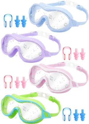 4 Packs Adult Swim Goggles Anti Fog UV Protection No Leak Pool Goggles Wide Vision Swimming Goggles with Soft Silicone Gasket Macaron Colors Swimming Glasses with Ear Plugs Nose Clip Set for Women Men