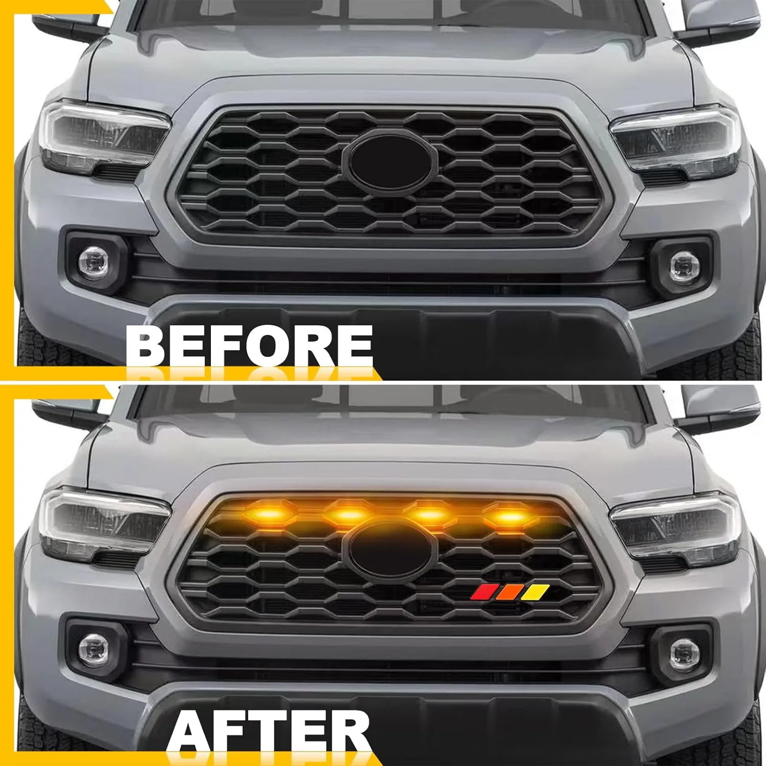 4 PCS Grill Lights for Toyota Tacoma 2023 2020 2021 2022 TRD Off Road Sport OEM, Raptor LED Upgrade Grille Lights (Amber Emblem)