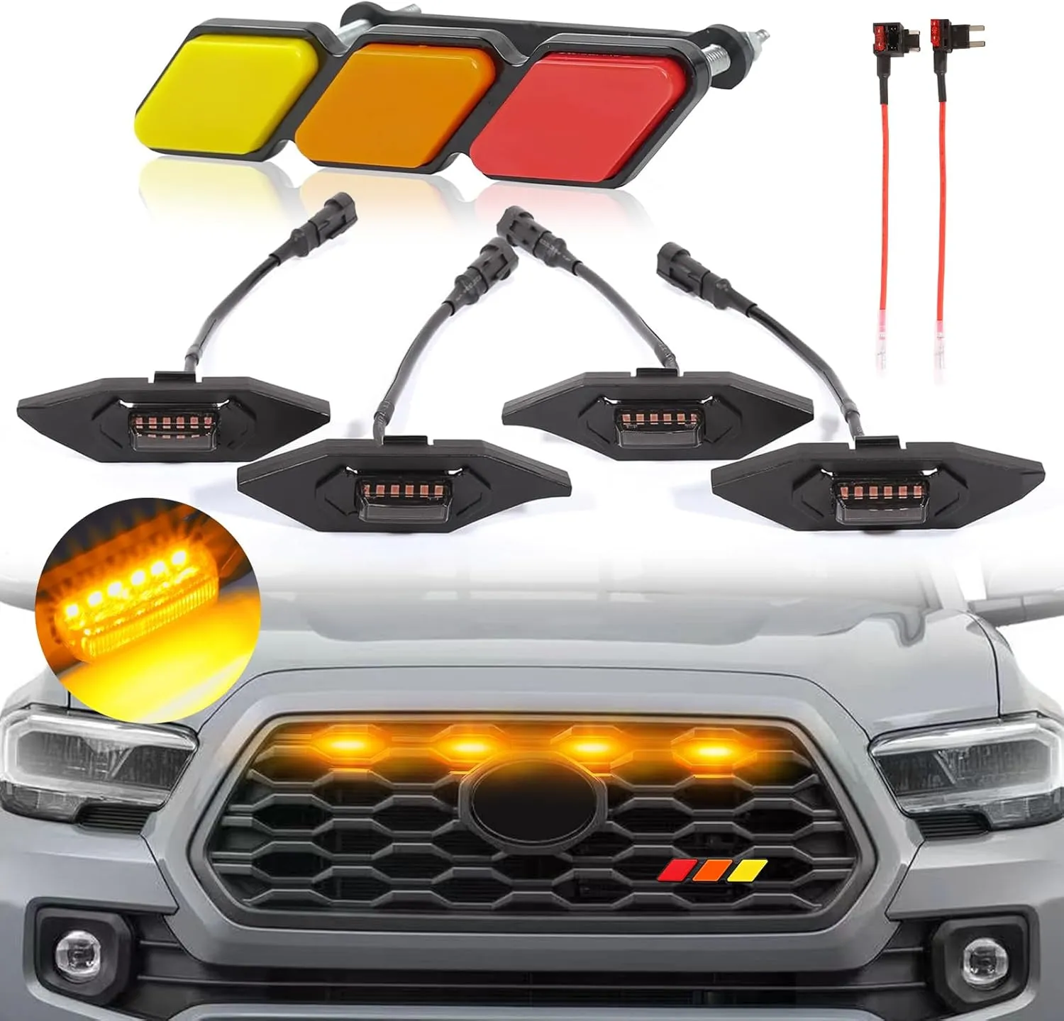4 PCS Grill Lights for Toyota Tacoma 2023 2020 2021 2022 TRD Off Road Sport OEM, Raptor LED Upgrade Grille Lights (Amber Emblem)