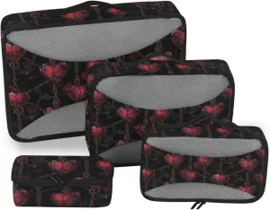 4 Pcs set organizer bags for Mesh Travel Essentials Gothic Darkness Red Chain Hearts lightweight set packing cubes