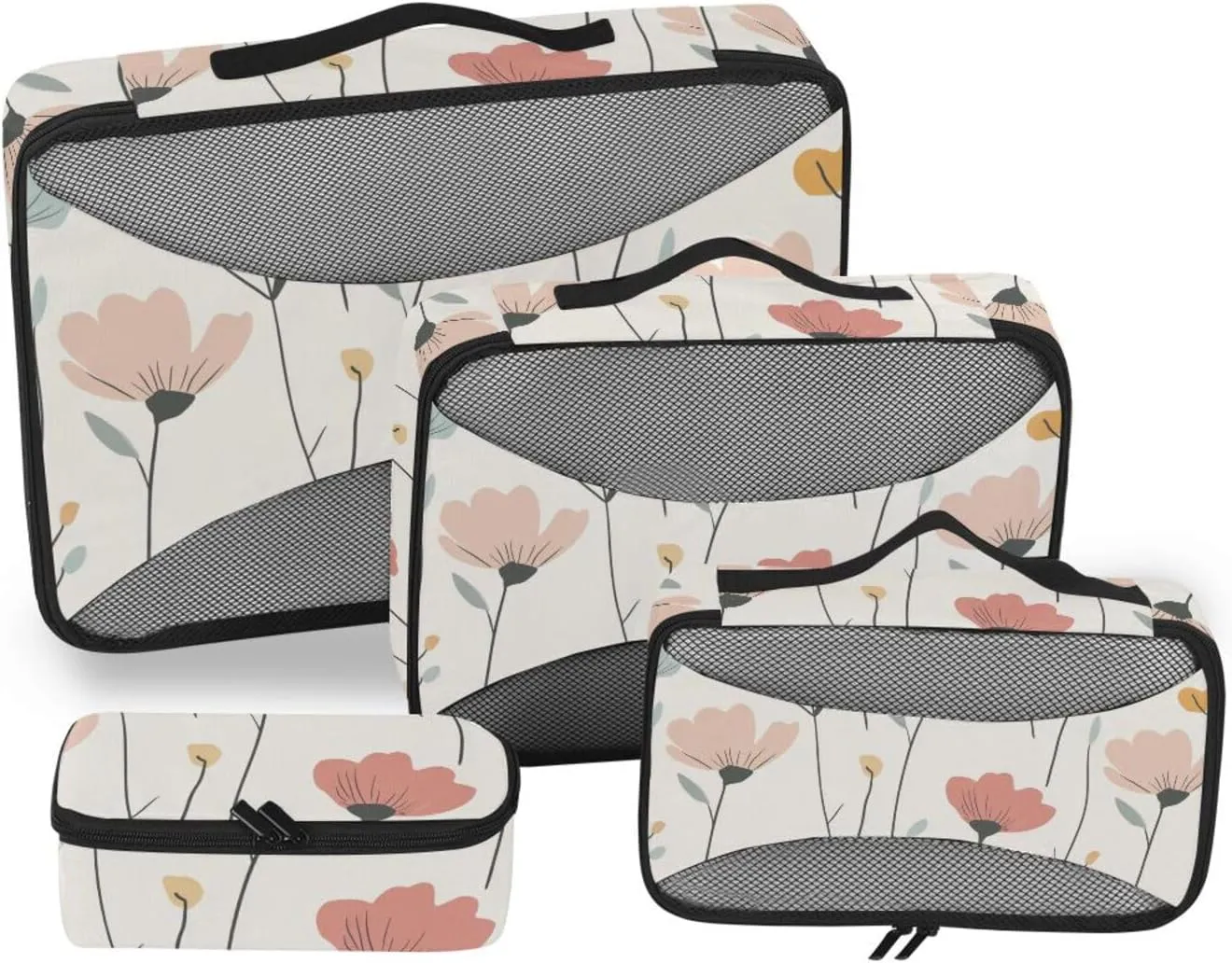 4 Pcs set organizer bags set Mesh Travel Essentials Beige Safari Flowers expandable packing cubes