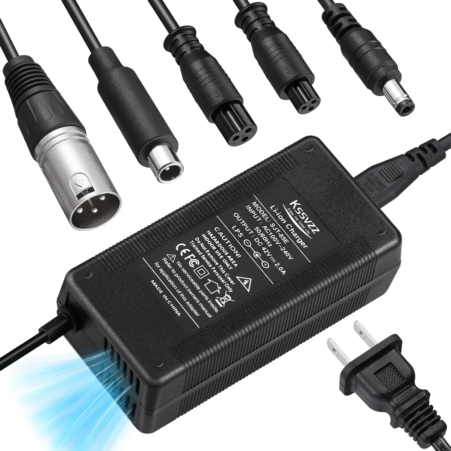 42V 2A Fast Battery Charger with Cooling System - 5 Plugs Universal Replacement Charger for 36V Lithium Battery, Compatible with Jetson, Gotrax, Razor, Ninebot, Segway, Swagtron, Hiboy