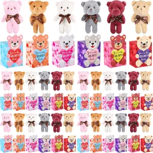 48 Packs Valentine's Day Mini Bear Toy Bulk Stuffed Animal with Heart Boxes Party Favors Supplies for Kids Classroom Valentine's Gifts Exchange School Rewards Prizes, 6 Styles