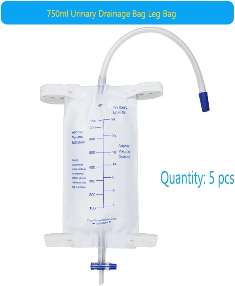 5pcs 750ml Leg Bag Urinary Drainage Bag, Urine Collection Bag with Tubing, Anti-Reflux Valve, Cloth Straps, Easy Drain