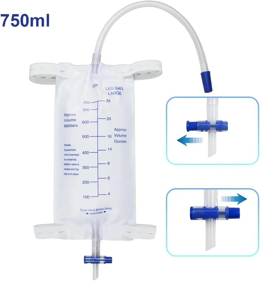 5pcs 750ml Leg Bag Urinary Drainage Bag, Urine Collection Bag with Tubing, Anti-Reflux Valve, Cloth Straps, Easy Drain