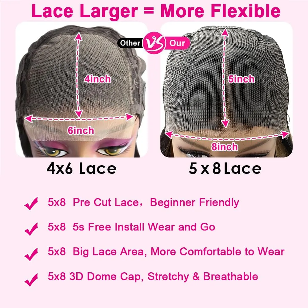 5x8 Glueless Wigs Human Hair Pre Plucked Pre Cut Deep Wave 5x8 Hd Lace Closure Wigs Human Hair Curly Human Hair Wig 180% Density Wear And Go Glueless Wig (34inch)