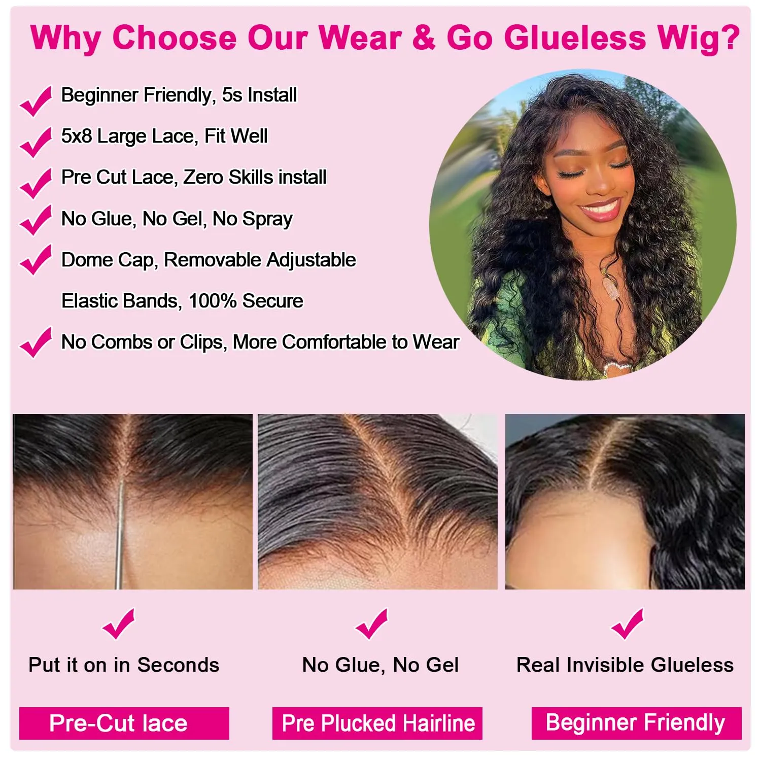 5x8 Glueless Wigs Human Hair Pre Plucked Pre Cut Deep Wave 5x8 Hd Lace Closure Wigs Human Hair Curly Human Hair Wig 180% Density Wear And Go Glueless Wig (34inch)