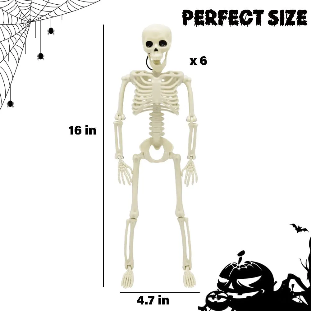 6 Packs Halloween Skeletons, 16 Inch Posable Skeletons Halloween Decorations with Movable Posable Joints, Full Body Mini Plastic Skeleton for Yard Garden Lawn Haunted House Graveyard Props Decor