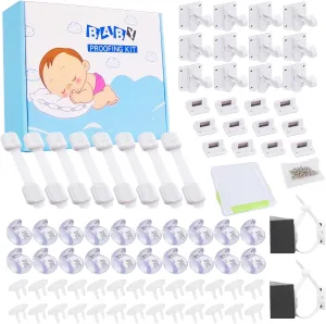 69 Packs Baby Proofing Kit including 12 Hidden Cabinet Locks, 8 Adjustable Safety Latches, 26 Outlet Covers, 20 Baby Proof Corners, 2 Anti Tip Furniture Anchors Kit and 1 Sliding Glass Door Lock