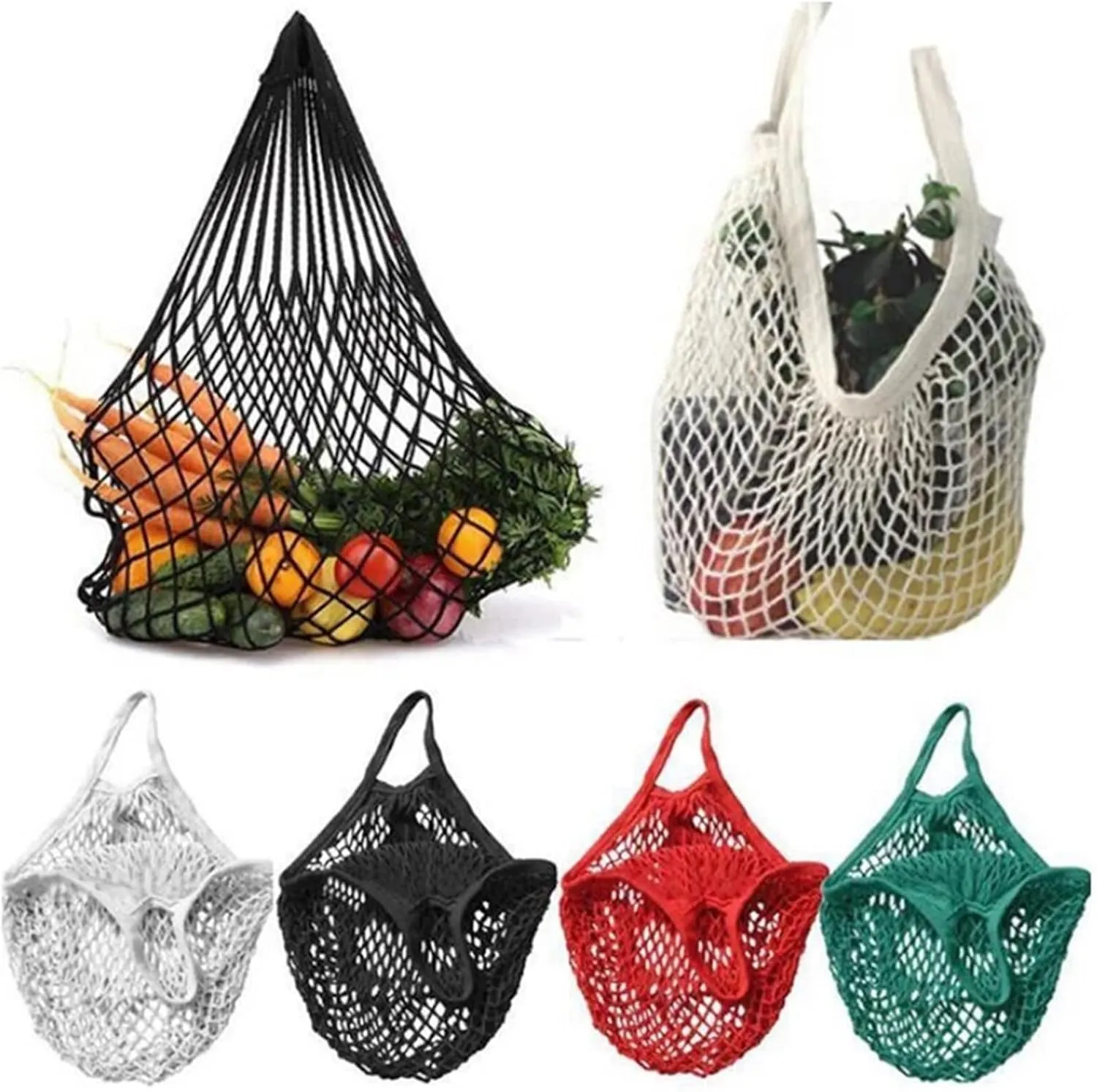 6PCS Portable Reusable Grocery Bags Fruit Vegetable Bag Washable Cotton Mesh String Organic Organizer Handbag Short Handle Net Tote