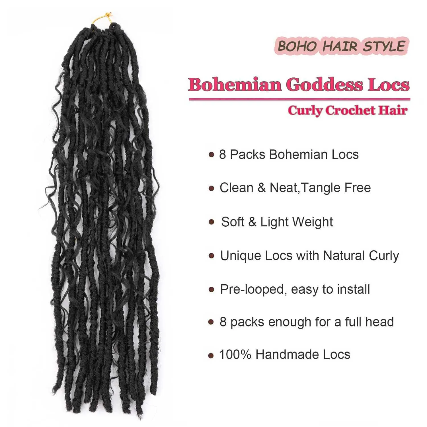8 Packs Bohemian Goddess Locs Crochet Hair Curly 18 Inch Faux Locs Crochet Boho Braids Soft Locs with Curly (1B, 18 Inch(Pack of 8))