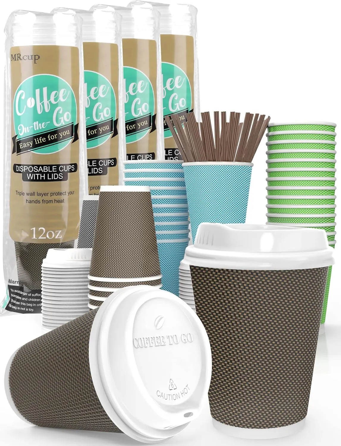 [80 Packs] 12oz Insulated Triple Wall Disposable Coffee Cups with Lids and Straws, PerfectTouch Leakfree Anti-slip Anti-spill Togo Hot & Cold Reusable Paper Cups, Brown