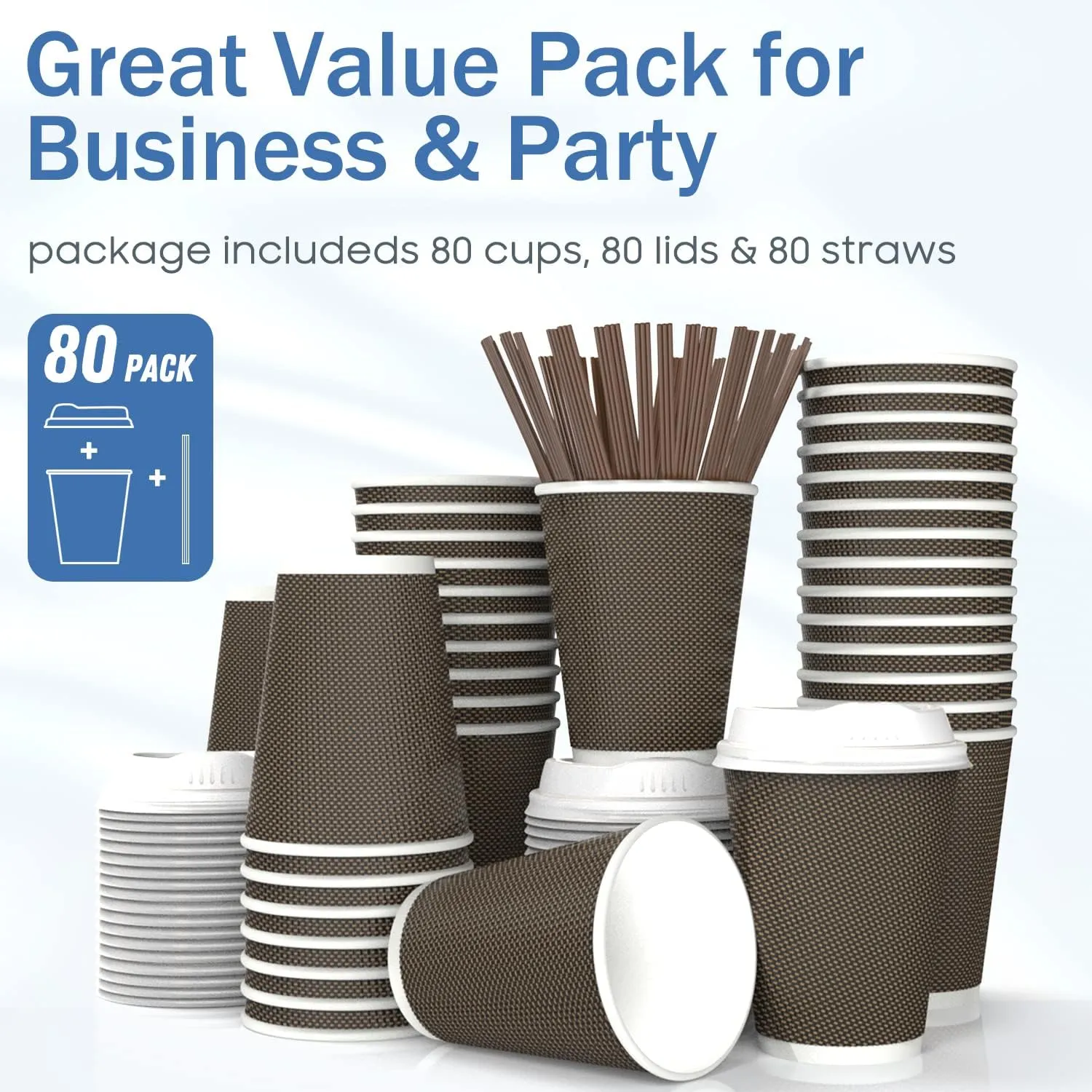 [80 Packs] 12oz Insulated Triple Wall Disposable Coffee Cups with Lids and Straws, PerfectTouch Leakfree Anti-slip Anti-spill Togo Hot & Cold Reusable Paper Cups, Brown