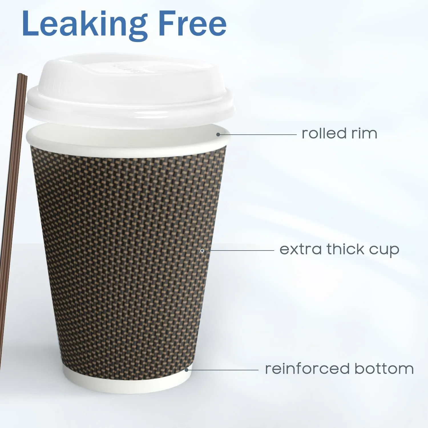 [80 Packs] 12oz Insulated Triple Wall Disposable Coffee Cups with Lids and Straws, PerfectTouch Leakfree Anti-slip Anti-spill Togo Hot & Cold Reusable Paper Cups, Brown