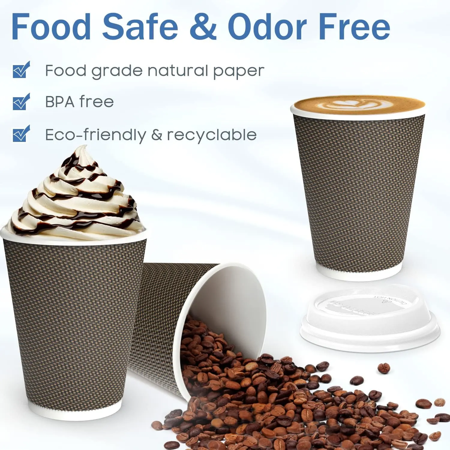 [80 Packs] 12oz Insulated Triple Wall Disposable Coffee Cups with Lids and Straws, PerfectTouch Leakfree Anti-slip Anti-spill Togo Hot & Cold Reusable Paper Cups, Brown