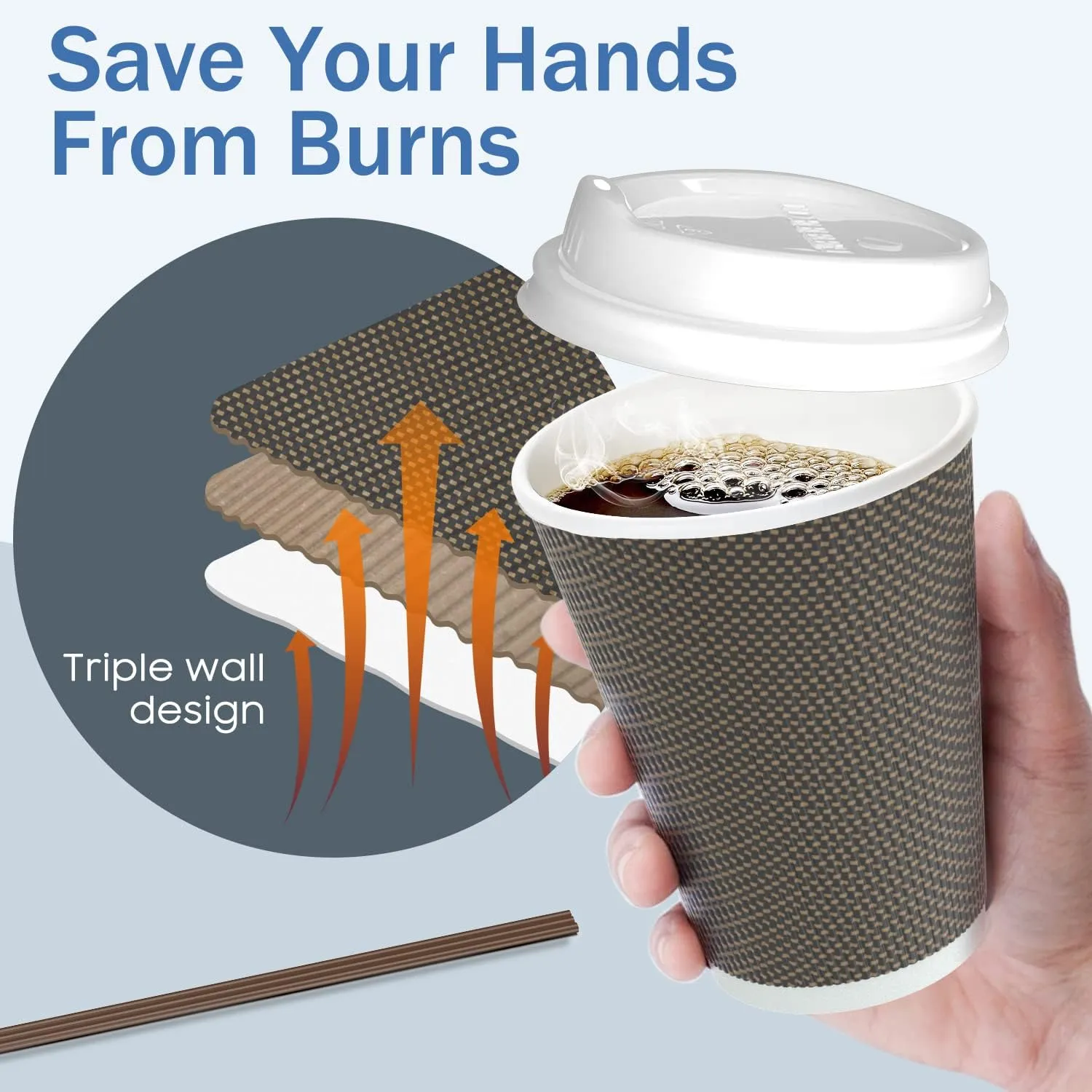 [80 Packs] 12oz Insulated Triple Wall Disposable Coffee Cups with Lids and Straws, PerfectTouch Leakfree Anti-slip Anti-spill Togo Hot & Cold Reusable Paper Cups, Brown