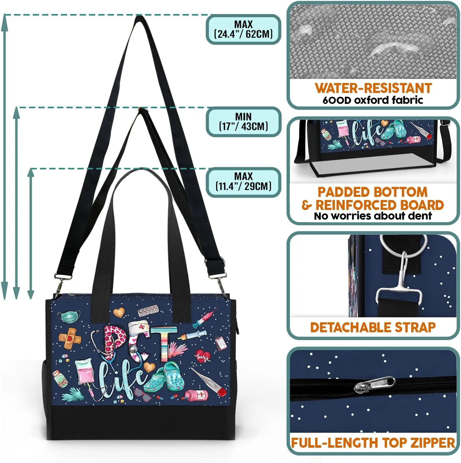84hoods Large Tote Bag for Women. Gift for Nurse. Waterproof Bag with Pockets and Zipper for Travel, Work, Grocery.