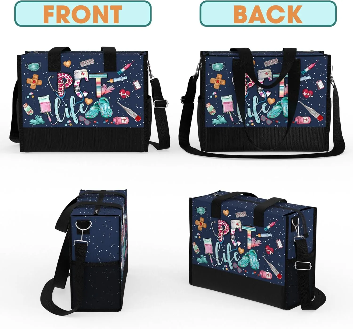 84hoods Large Tote Bag for Women. Gift for Nurse. Waterproof Bag with Pockets and Zipper for Travel, Work, Grocery.