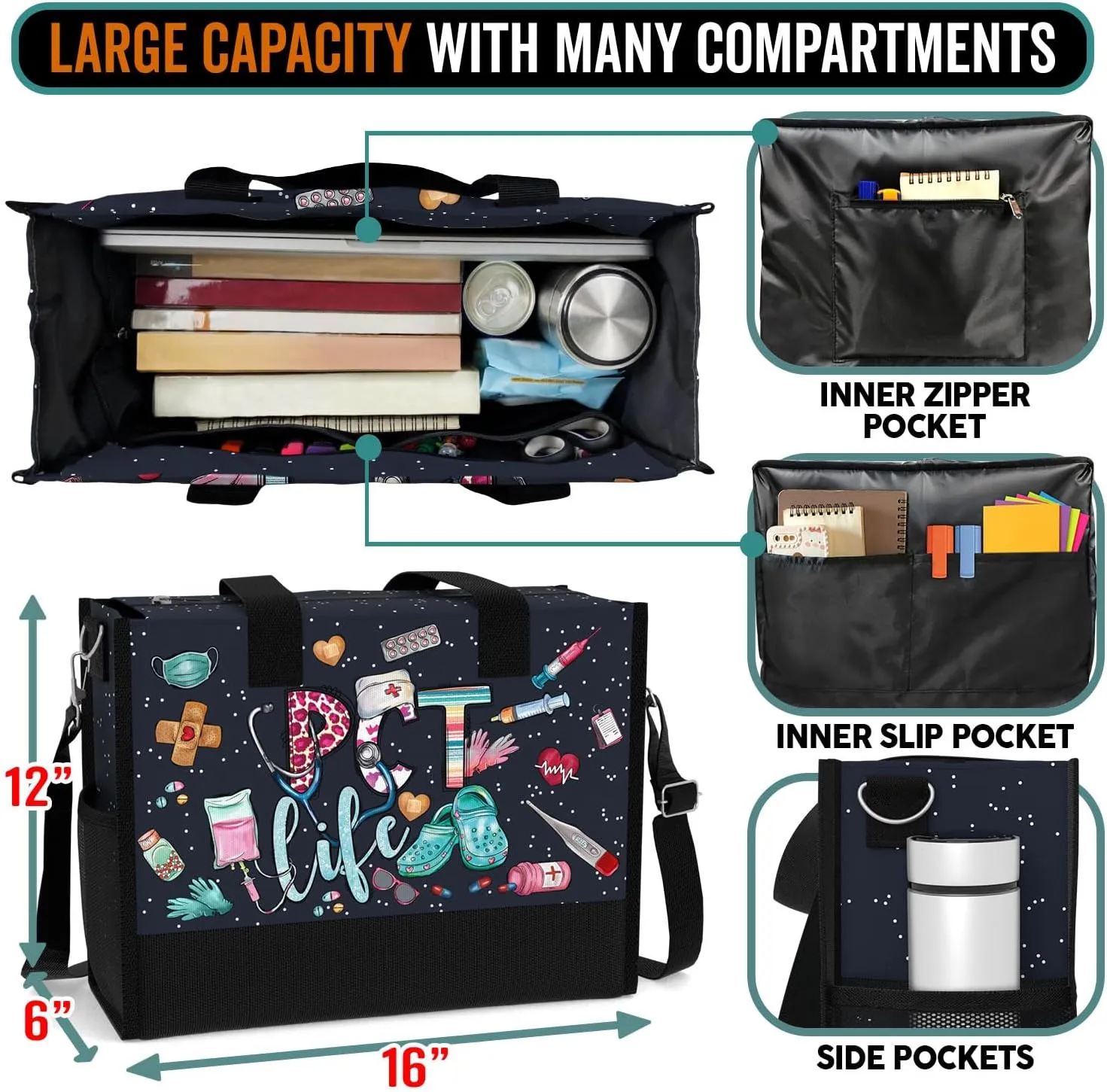 84hoods Large Tote Bag for Women. Gift for Nurse. Waterproof Bag with Pockets and Zipper for Travel, Work, Grocery.