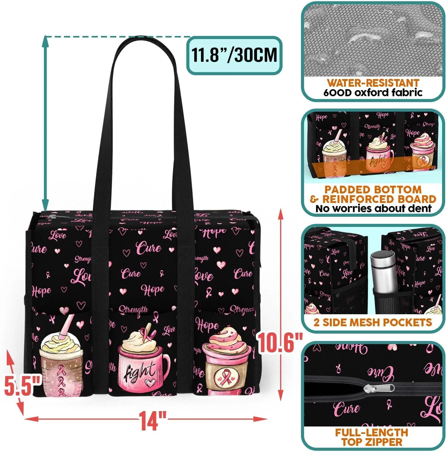 84hoods Multi-Pocket Waterproof Tote Bag with Multiple Convenient Pockets and Zipper. Breast Cancer Awareness Gift for Women.