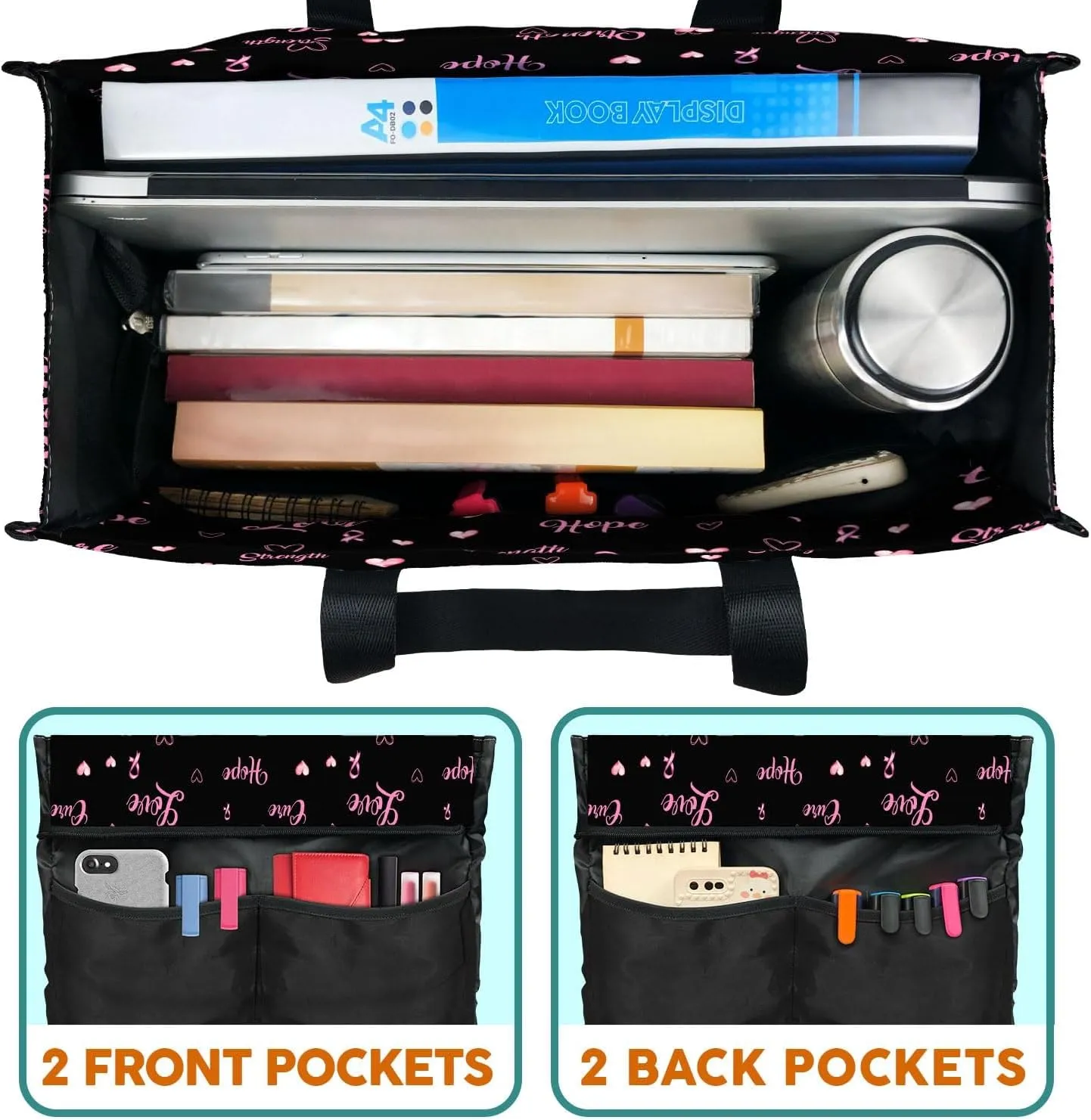 84hoods Multi-Pocket Waterproof Tote Bag with Multiple Convenient Pockets and Zipper. Breast Cancer Awareness Gift for Women.