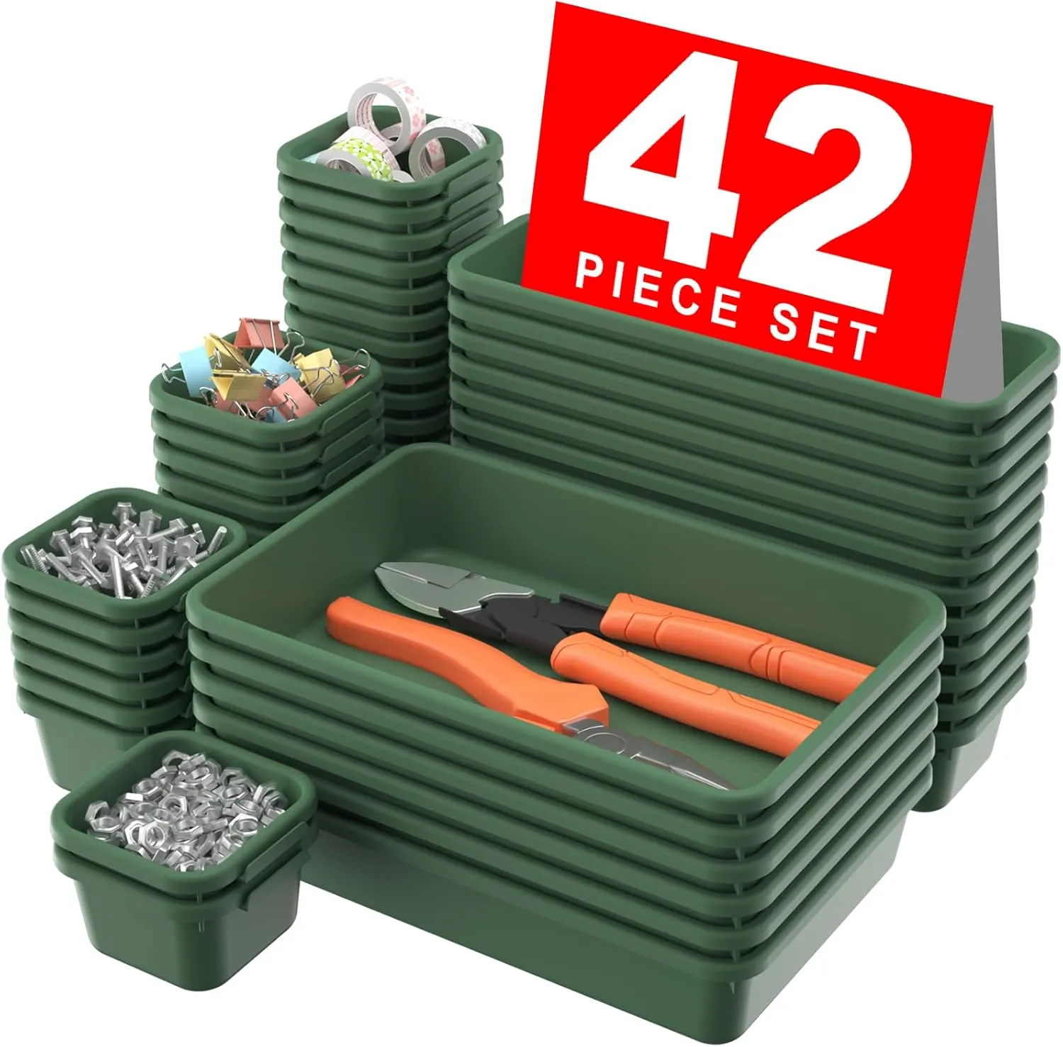 A-LuGei 【𝟰𝟮𝗣𝗖𝗦】 Army Green Tool Box Organizer Tray Divider Set, Desk Drawer Organizer, Garage Organization and Storage Toolbox Accessories for Rolling Tool Chest Cart Cabinet Work Parts