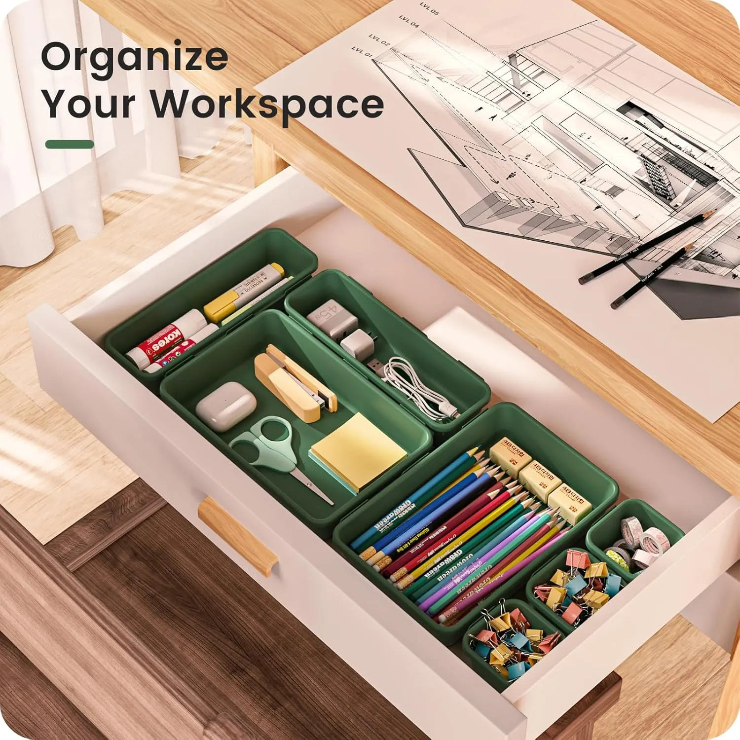 A-LuGei 【𝟰𝟮𝗣𝗖𝗦】 Army Green Tool Box Organizer Tray Divider Set, Desk Drawer Organizer, Garage Organization and Storage Toolbox Accessories for Rolling Tool Chest Cart Cabinet Work Parts