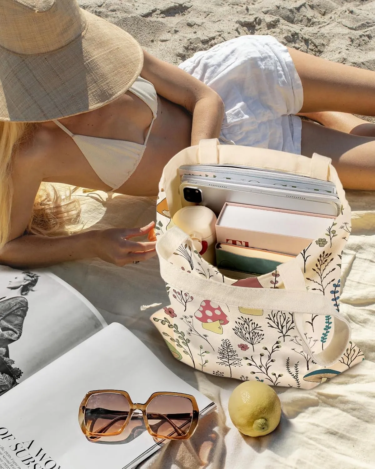 Aesthetic Canvas Tote Bag for Women - Sturdy Cloth Cotton Totes Bag with Pattern Shoulder Bag