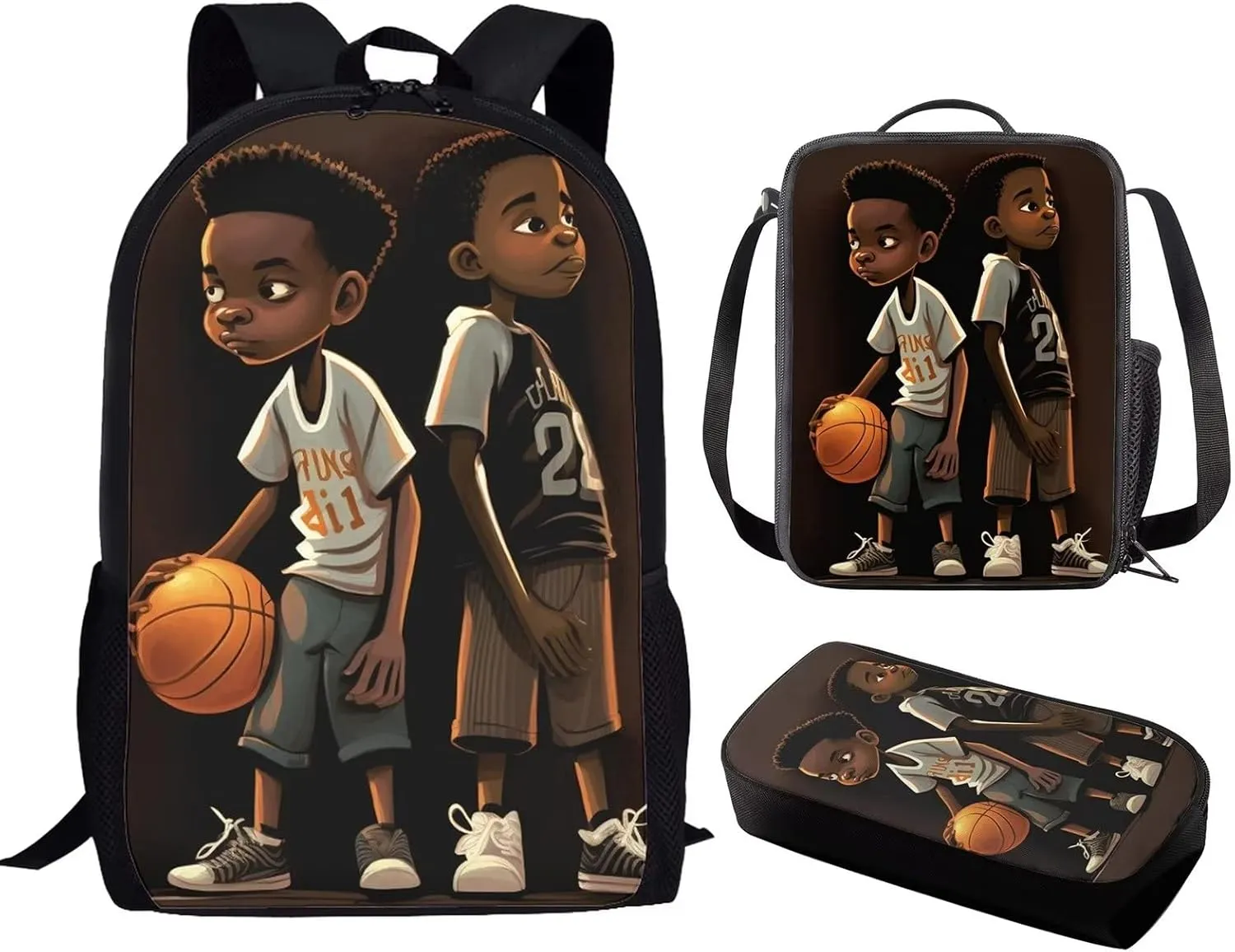 African Boy Backpack with Lunch Box for Kids Basketball School Bags Lunchbag Pecnil Case Set 3 in 1,Primary Elementary American Book Bags 17inch Travel Back Pack
