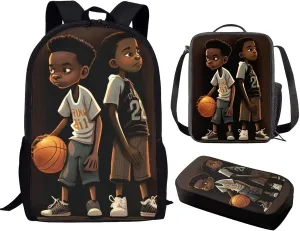 African Boy Backpack with Lunch Box for Kids Basketball School Bags Lunchbag Pecnil Case Set 3 in 1,Primary Elementary American Book Bags 17inch Travel Back Pack