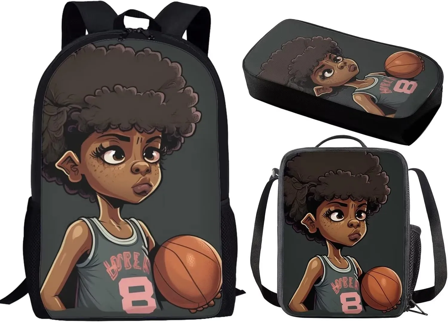 African Girl Backpack for Kids Basketball School Bag and Lunch Box Pencil Set,Elementary School Student Book Bag 16.5 inch Back Pack 12-16 Year Old