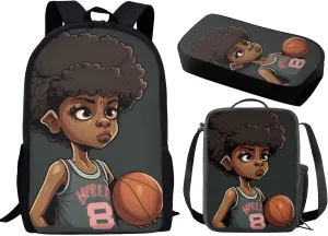 African Girl Backpack for Kids Basketball School Bag and Lunch Box Pencil Set,Elementary School Student Book Bag 16.5 inch Back Pack 12-16 Year Old