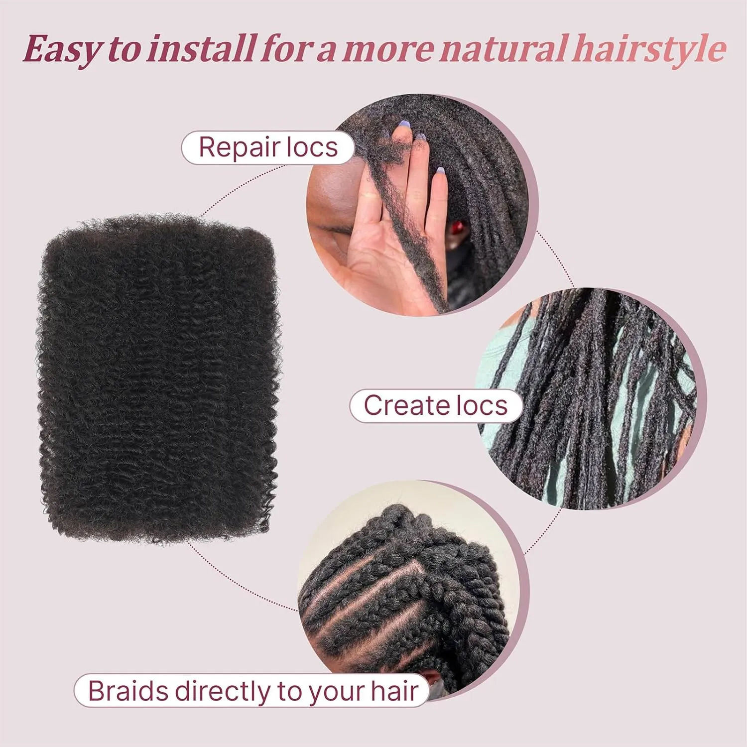Afro Kinkys Bulk Human Hair -100% Real Human Hair for Loc Repair, Mini Twist, Braiding, Loc Extensions Afro Kinky Bulk Human Hair for Dreadlocks (1B 14inches, 50g/Pack)