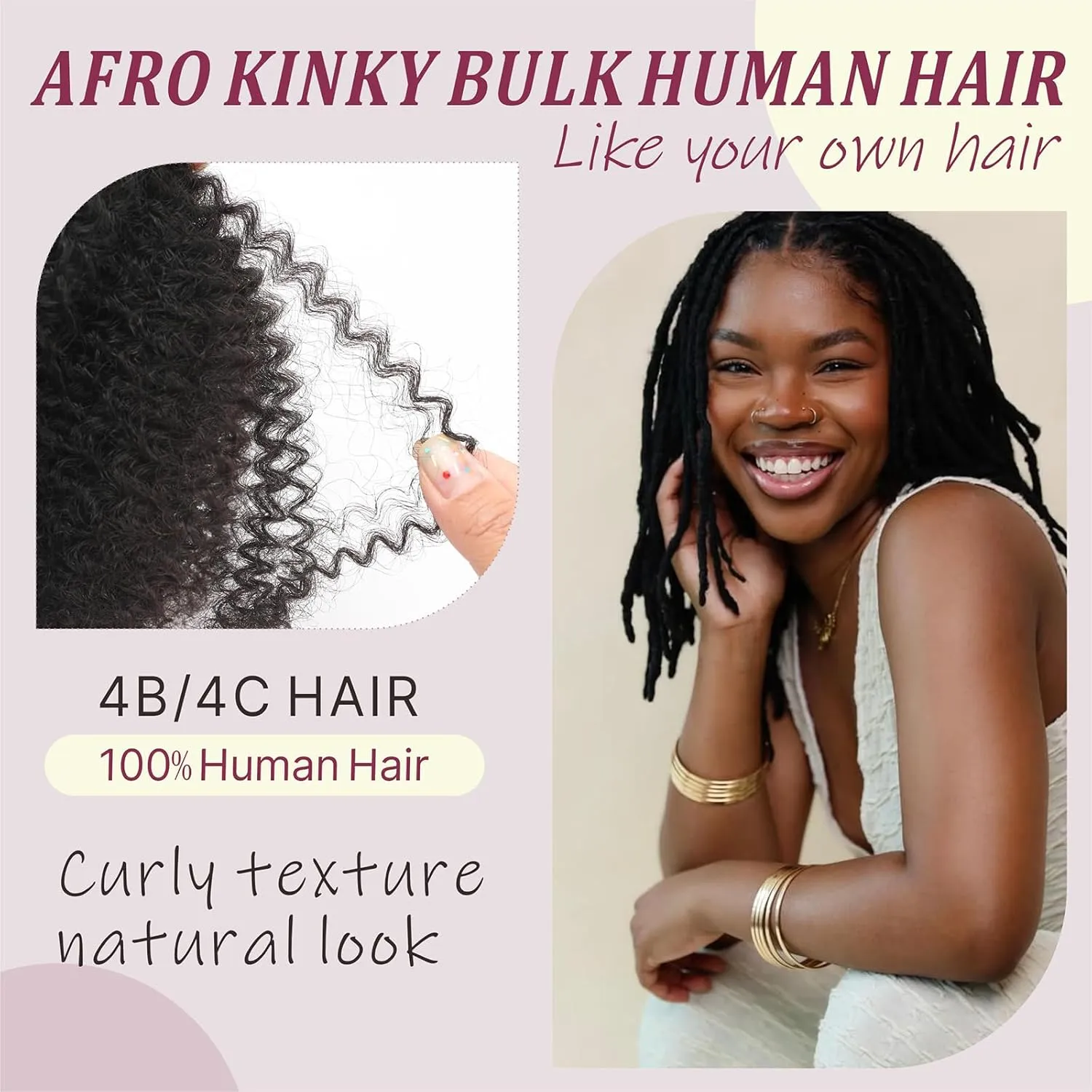 Afro Kinkys Bulk Human Hair -100% Real Human Hair for Loc Repair, Mini Twist, Braiding, Loc Extensions Afro Kinky Bulk Human Hair for Dreadlocks (1B 14inches, 50g/Pack)