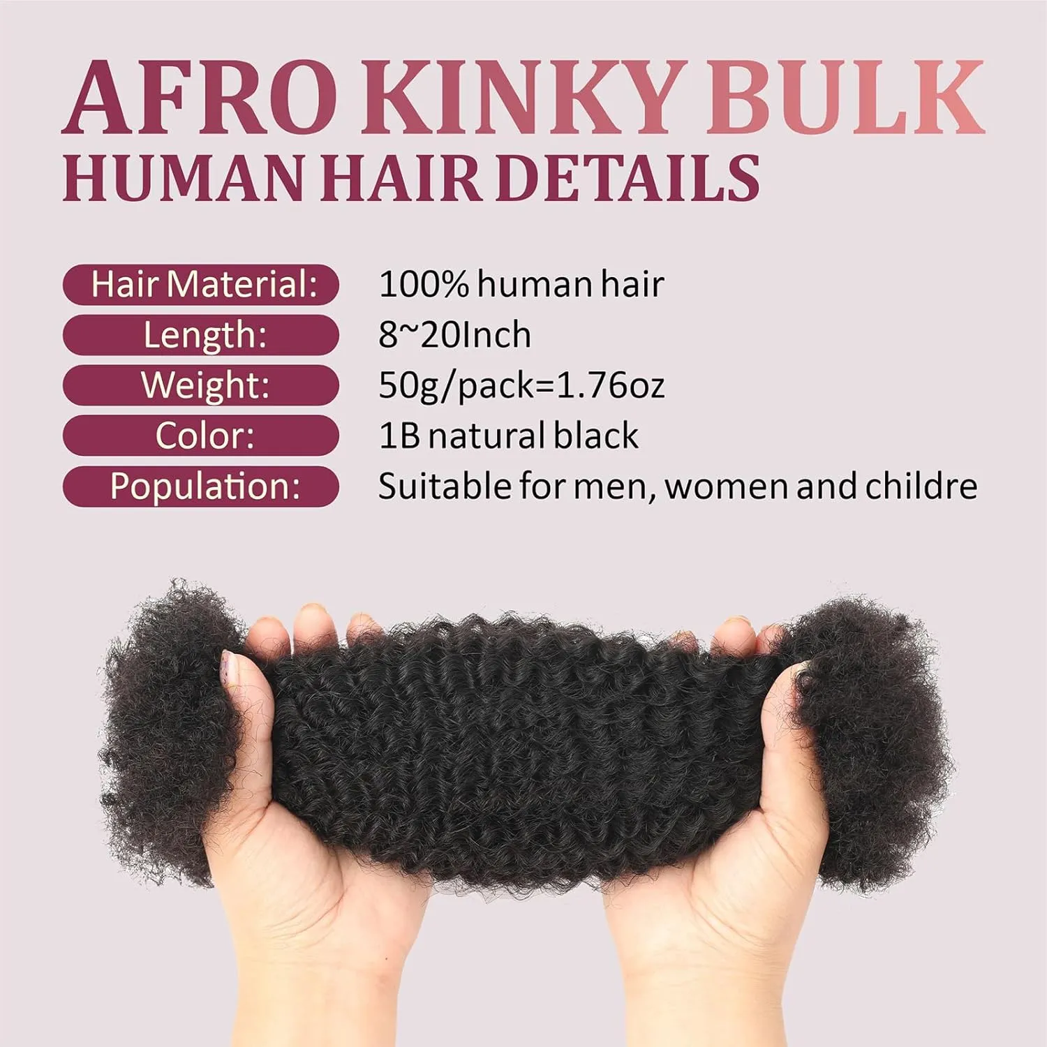 Afro Kinkys Bulk Human Hair -100% Real Human Hair for Loc Repair, Mini Twist, Braiding, Loc Extensions Afro Kinky Bulk Human Hair for Dreadlocks (1B 14inches, 50g/Pack)