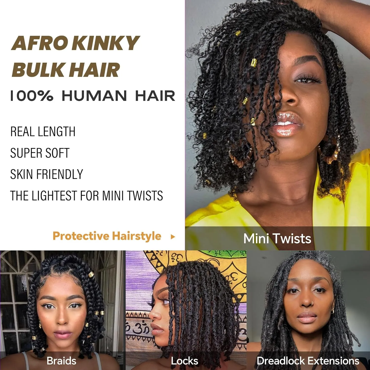 Afro Kinkys Bulk Human Hair -100% Real Human Hair for Mini Twist, Braiding, Loc Extensions & Crochet, Kinky Curly Hair Bundles, Natural Afro Bulk for Dreadlocks(1B, 12Inch) (27#, 18 Inch(Pack of 1))