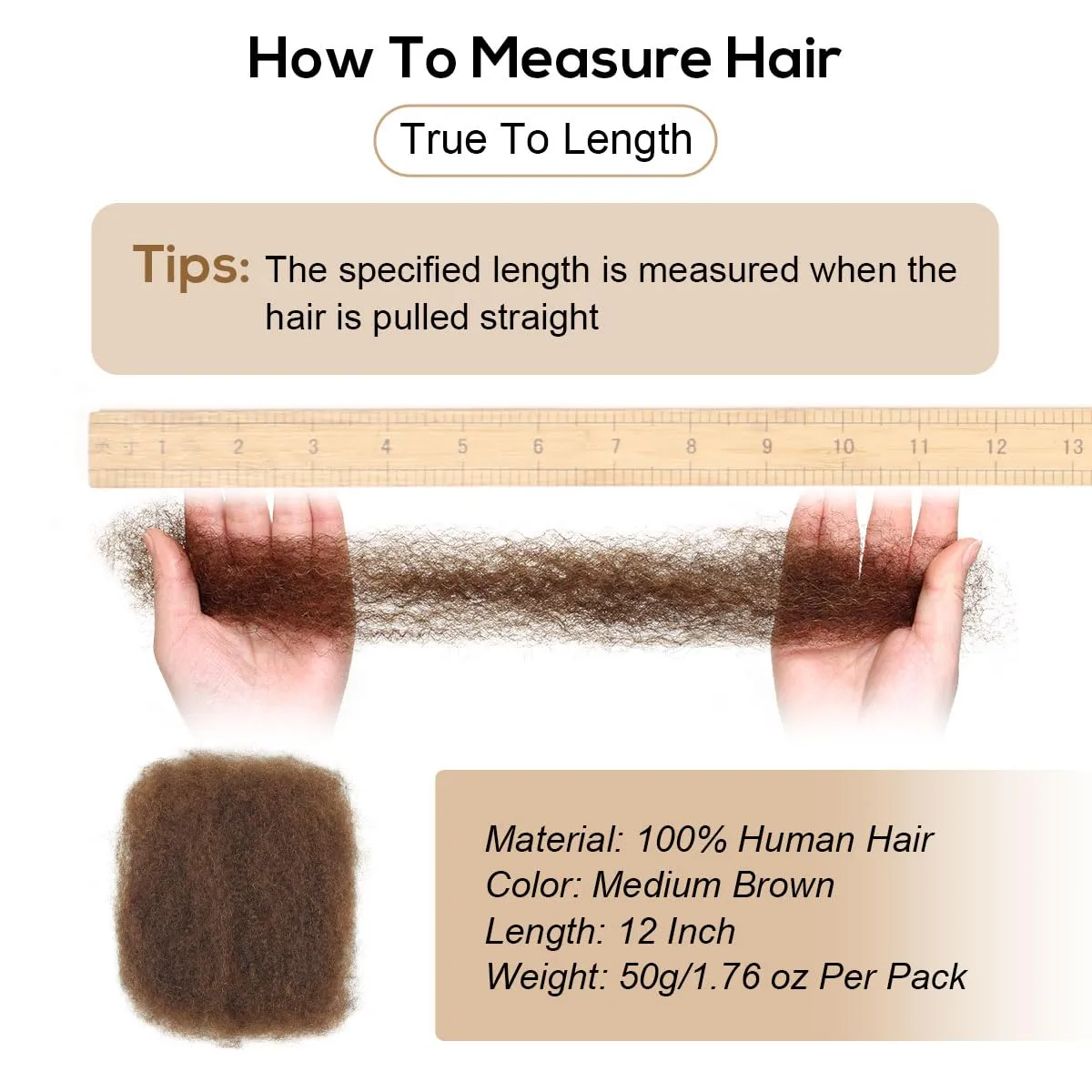 Afro Kinkys Bulk Human Hair, 12 inch 4c Curly Hair for Permanent Sister Locs/Mini Twists/Braids/Repair Can Dye and Bleach(50 Gram),Medium Brown