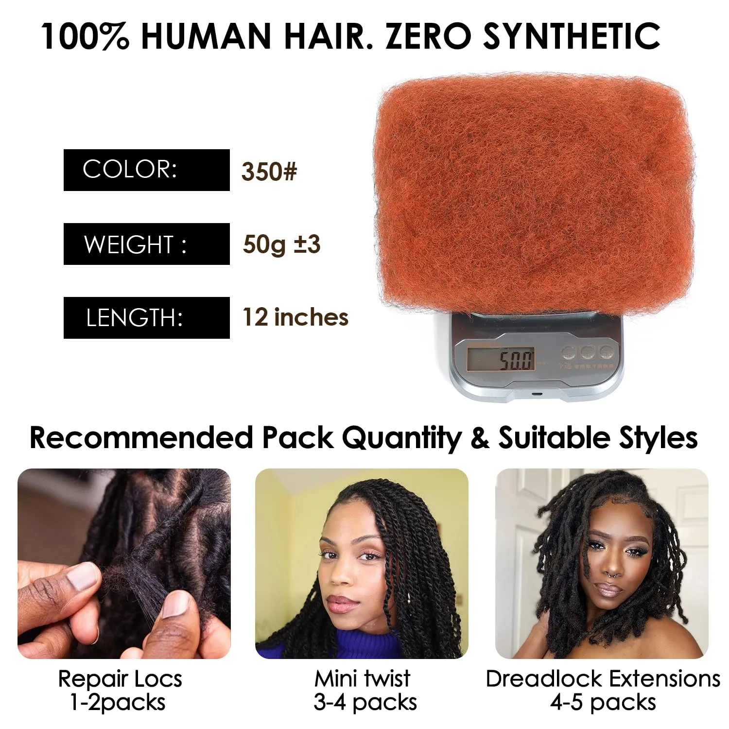 Afro Kinkys Bulk Human Hair 12 Inch 50g, Ginger 100% Real 4c Kinky Curly Human Hair For Mini Twists, Braiding, Micro Locs, Repair Locs, And Dreadlock Extensions(350#, 12inch, 1pack)