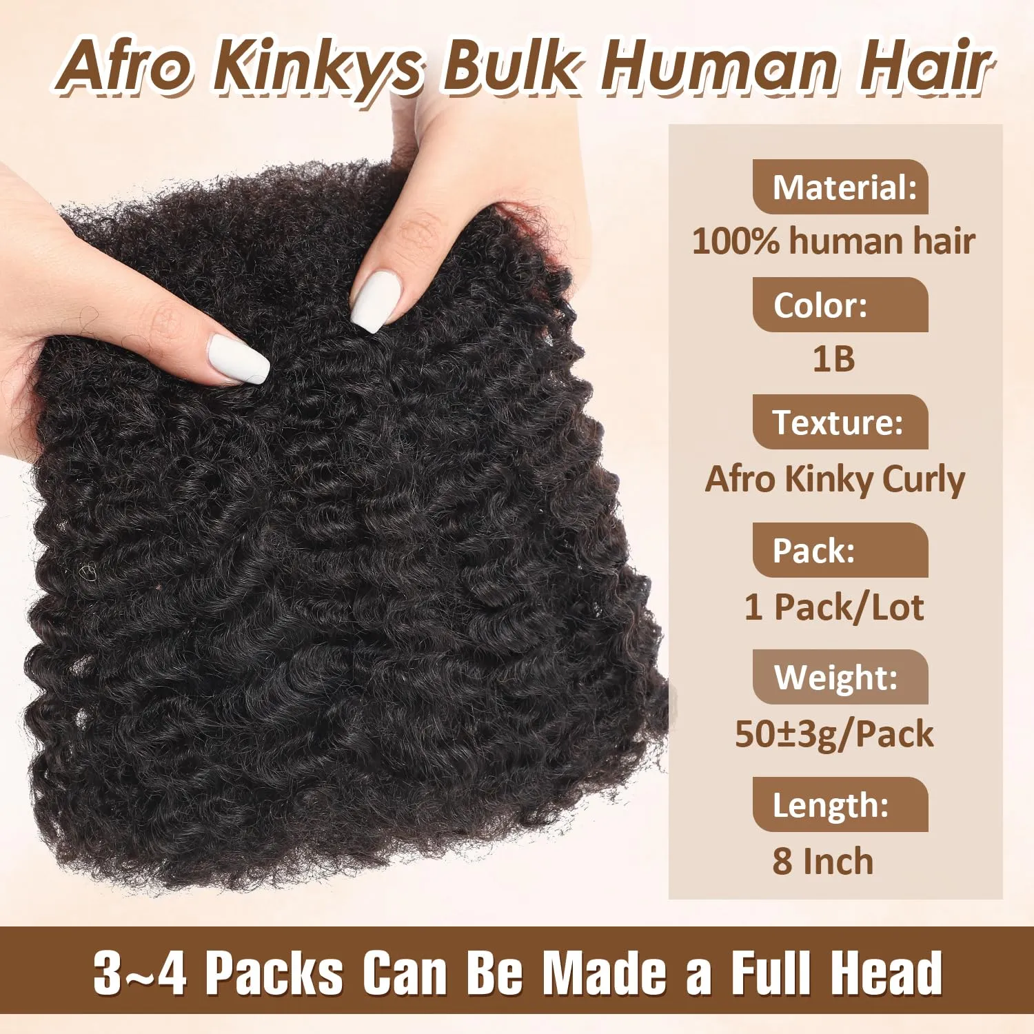 Afro Kinkys Bulk Human Hair 8 Inch 50g, Natural Black 100% Kinky Curly Human Hair Bulk for Mini Twist, Braiding Twists, Micro Locs, Repair Locs, Braids and Dreadlock Extensions(1B#, 8Inch, 1Pack)