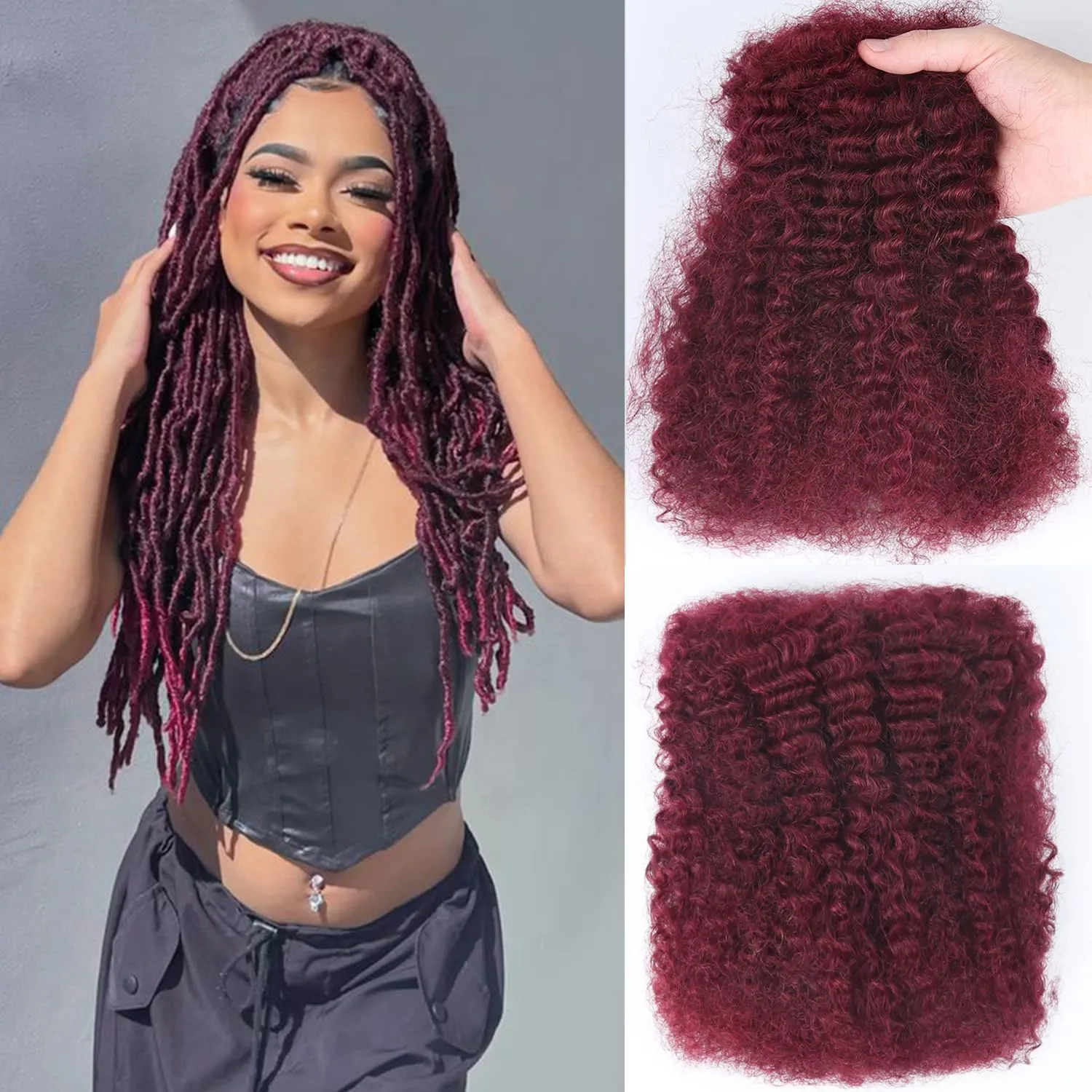 Afro Kinkys Bulk Human Hair For Braiding 14 inch Burgundy Afro Kinky Curly 100% Real Human Hair Bulk for Dreadlocks Mini Twist Crochet Braids Hair Extensions 50g/pack 99j